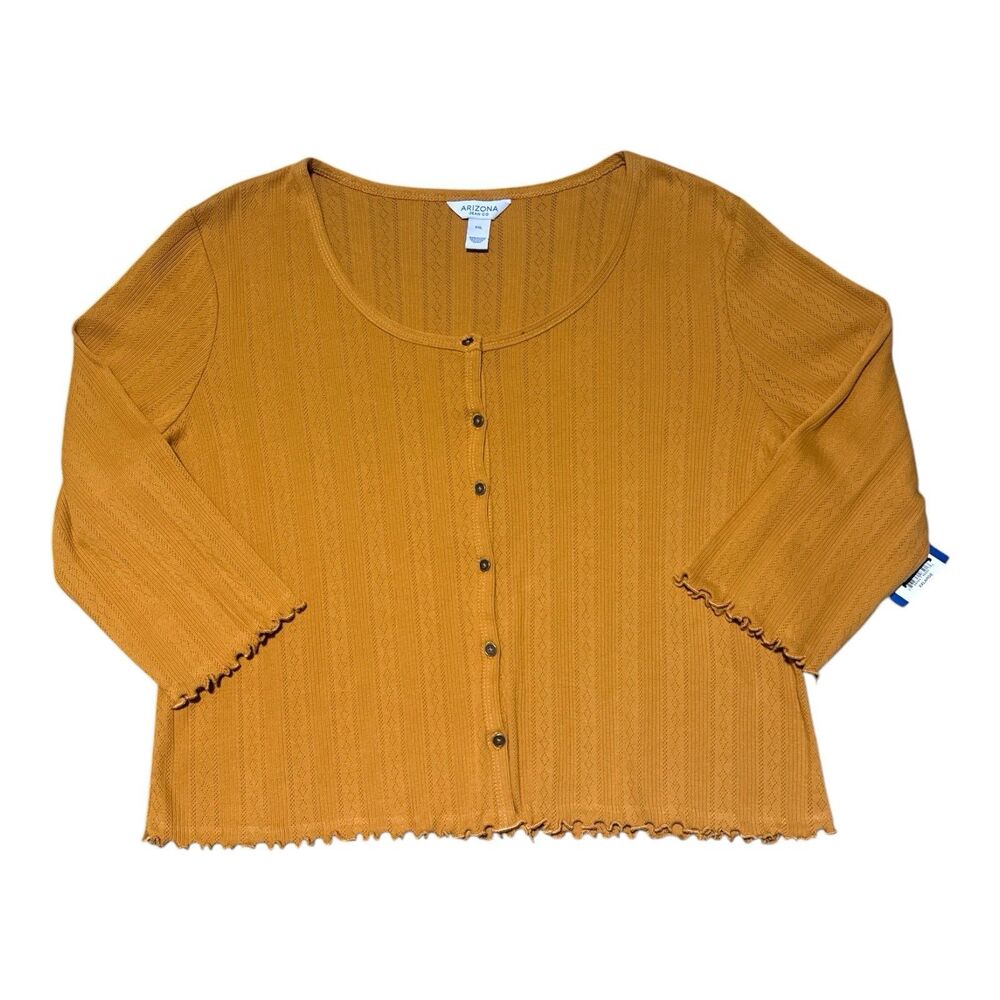 Arizona Top 2XL Ribbed Pointelle Button Front Mustard Stretch Casual Fall NWT